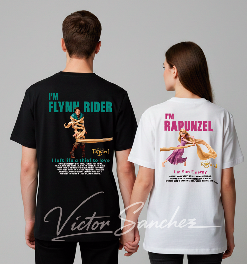 Diseños Digitales para Playeras de Parejas Flynn Rider & Rapunzel – Archivos PNG Sublimación Dúo Matching
